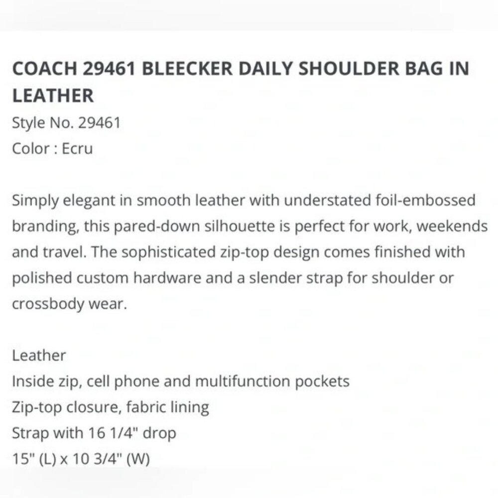 COACH Bleecker Daily Shoulder Bag Style 29461 in Ecru Leather EUC - Picture 2 of 16